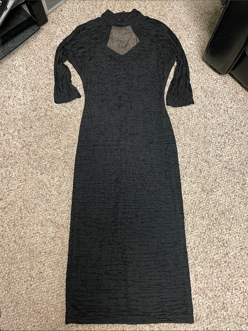 Vintage 80s Black Textured Midi Dress with sheer Keyhole cut out Neck
